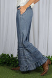 Flared Ruffle Hem Washed Chambray Crop Denim Pants VP83039: Washed Denim / M