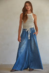 BD283 | Denim Drawstring Waist Band Wide Leg Pants: Light Denim / S