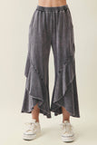 Mineral Washed Wavy Ruffle Cropped Pants HP7051: MossGreen / S-M-L / 2-2-2
