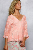 V-neck Short Sleeve Floral Embroidered Crochet Blouse Top: NATURAL / Os