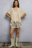 Lace Trim V Ruffle Detail Textured Woven Short Sleeve Top: ALMOND / M
