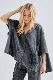 Mineral Washed Doily Boho Pancho Vneck top HT6680: Olive