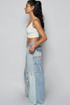 Lace-overlay waistband detail contrast denim woven pants: DENIM MULTI / S
