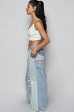Lace-overlay waistband detail contrast denim woven pants: DENIM MULTI / S