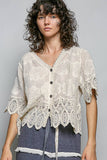 Crochet Trim Neckline Short Sleeve Jacket Top: NATURAL / Os