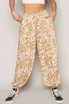 Adjustable string floral print woven harem pants: IVORY MULTI / S