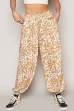 Adjustable string floral print woven harem pants: IVORY MULTI / S