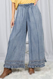 Flared Ruffle Hem Washed Chambray Crop Denim Pants VP83186: Washed Denim / S