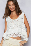 Round neck ruffle embroidered eyelet crochet top: NATURAL / Os