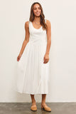 BASQUE WAIST FRAYED EDGE TIERED DRESS: OFF WHITE / L