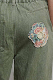 Floral Patchwork Rolled-up Denim Straight Pants: DENIM / S