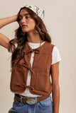 Colored Denim Tie-Front Vest LVT018: Mocha / M