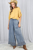 Flared Ruffle Hem Washed Chambray Crop Denim Pants VP83186: Washed Denim / S