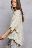 V-neck Short Sleeve Floral Embroidered Crochet Blouse Top: NATURAL / Os