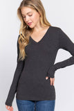 Basic Solid Long Sleeve V Neck Top: CELADON GREEN / 2-2-2 (S-M-L)