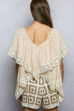 Lace Trim V Ruffle Detail Textured Woven Short Sleeve Top: ALMOND / M