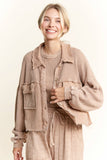 Mineral Wash Button Cropped Shacket HT5560: Vintage Olive / S-M-L / 2-2-2