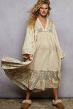 Long sleeve double gauze crochet spangle trim woven dress: NATURAL / M