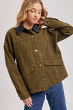 RELAXED BUTTON DOWN BARN JACKET: OLIVE / M