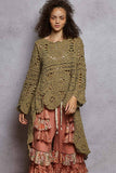 Long sleeve round neck chenille varied crochet sweater top: OLIVE / SM