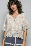 Crochet Trim Neckline Short Sleeve Jacket Top: NATURAL / Os