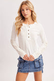 CROCHET PATCH SLEEVED HALF BUTTON ROUND NECK TOP: MUSHROOM / L