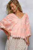 V-neck Short Sleeve Floral Embroidered Crochet Blouse Top: OFF WHITE / Os