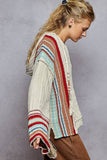 V neck striped pattern pocket detail chenille hoodie sweater: ALMOND / S