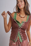 Ribbed Cotton Button-Front Picot Trim Tank: PINK FL / S-2/M-2/L-2