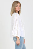 F2846-ASIS FLARE BELL SLEEVE LACE INSET V NECK TOP: White / L