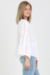 F2846-ASIS FLARE BELL SLEEVE LACE INSET V NECK TOP: White / S