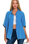 Washed Double Gauze Button Down Half Sleeve Shirt: DUSTY TEAL / 3-3 (S/M-L/XL)