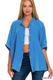 Washed Double Gauze Button Down Half Sleeve Shirt: DUSTY TEAL / 3-3 (S/M-L/XL)