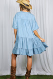 V-Neck 100%Tencel Chambray Tiered Dress VD81038A: Light Denim / L