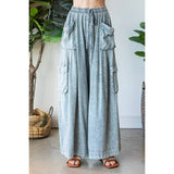 WASHED 3D POCKET SLOUCHY WIDE LEG PANTS: SLATE / S-M-L(2-2-2)