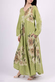 Flowy floral linen dress with 2 pockets 14945: 100% linen / Khaki / One size