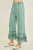 Mineral Washed Delicate lace trim hem Cropped Pants HP7236: HotCocoa / S-M-L / 2-2-2
