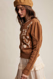 Floral Embroidered Puff Sleeve Cardigan: Tiramisu / S