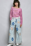 Floral Patchwork Rolled-up Denim Straight Pants: DENIM / L