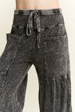 Mineral Washed Boho waist band wideleg cropped pants HP5900 : Ashed Black / S-M-L / 2-2-2