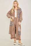 Mineral Washed Boho Plaid Patched Long Fall Jacket HT6861: Charcoal / S-M-L / 2-2-2