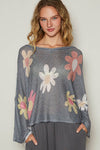 V-neck colorful flower print light weight sweater SALE: CHARCOAL / L