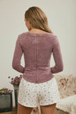 WASHED LONG SLEEVE RIBBED HENLEY KNIT TOP: VINTAGE BLUE