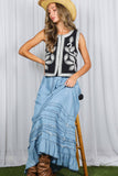 Ruffle Frayed Hem Chambray Casual Western Maxi Skirt VS83151: Washed Denim / M