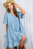 V-Neck 100%Tencel Chambray Tiered Dress VD81038A: Light Denim / M