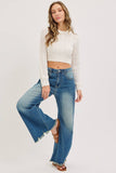 MID-RISE WIDE-LEG FRAYED HEM DENIM JEANS: DENIM BLUE / Contemporary / M