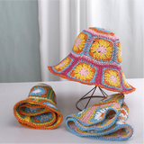 Granny Square Sun Hat Floral Straw Bucket Hat: CYellow / M