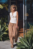 Striped Cotton Drawstring Harem Pants: TAUPE / S-M-L:2-2-2