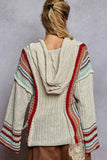 V neck striped pattern pocket detail chenille hoodie sweater: ALMOND / S