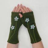 Fingerless Cashmere Gloves-Wildflower: Coral on Blue / One Size Fits Most